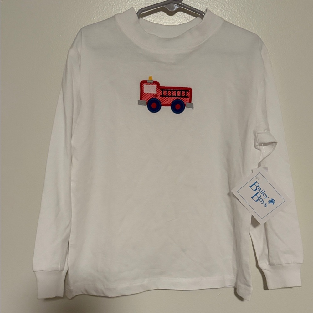 Boys Blue White Fire Truck Long Sleeve Tee